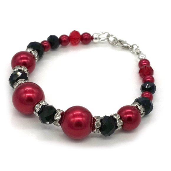 My Bead Emporium Jewelry - Bracelet Red Pearls Black Red Crystals Rhinestones Silver Lobster Clasp